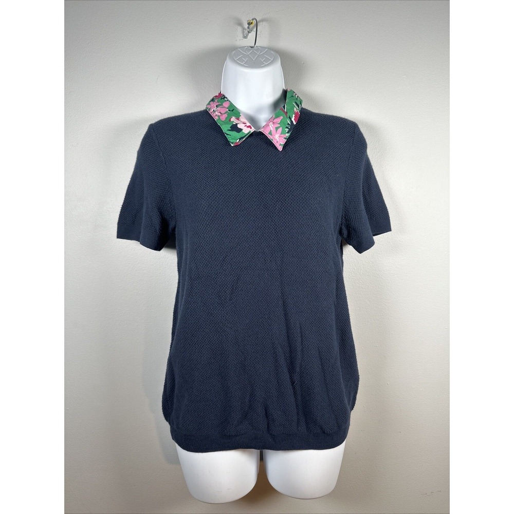 J.‎ Crew Short Sleeve Sweater Small Floral Collar Navy Blue Womens Short Sleeve